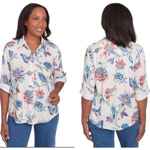 Alfred Dunner Tab Sleeve Butterfly Button Up Collared Top Size XL